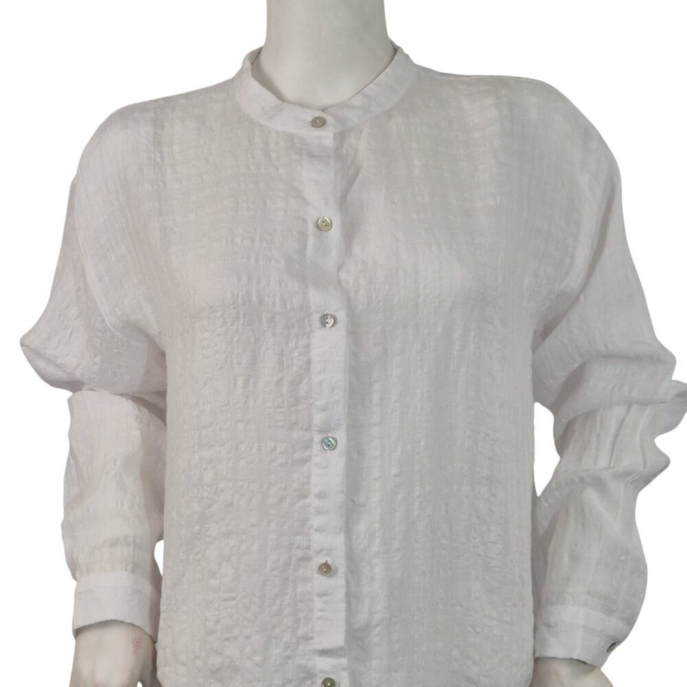 Eileen Fisher Women's Shirt White Mandarin Collar Boxy Button Up Linen-blend XS